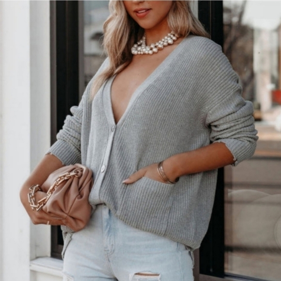 Vici Mindy Gray Button Front Distressed Cotton Ribbed Knit Cardigan Sweater - Picture 2 of 10